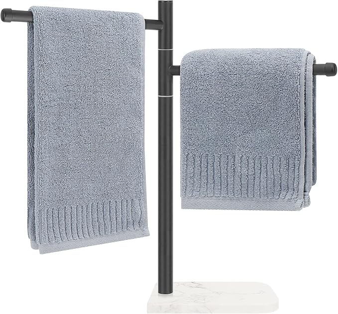 Standing Hand Towel Holder, Hand Towel Stand with Marble Base, 304 Stainless Steel Towel Rack with 2 Swivel Arm, Countertop Stand Towel Ring Towel Bar for Bathroom (Matte Black)