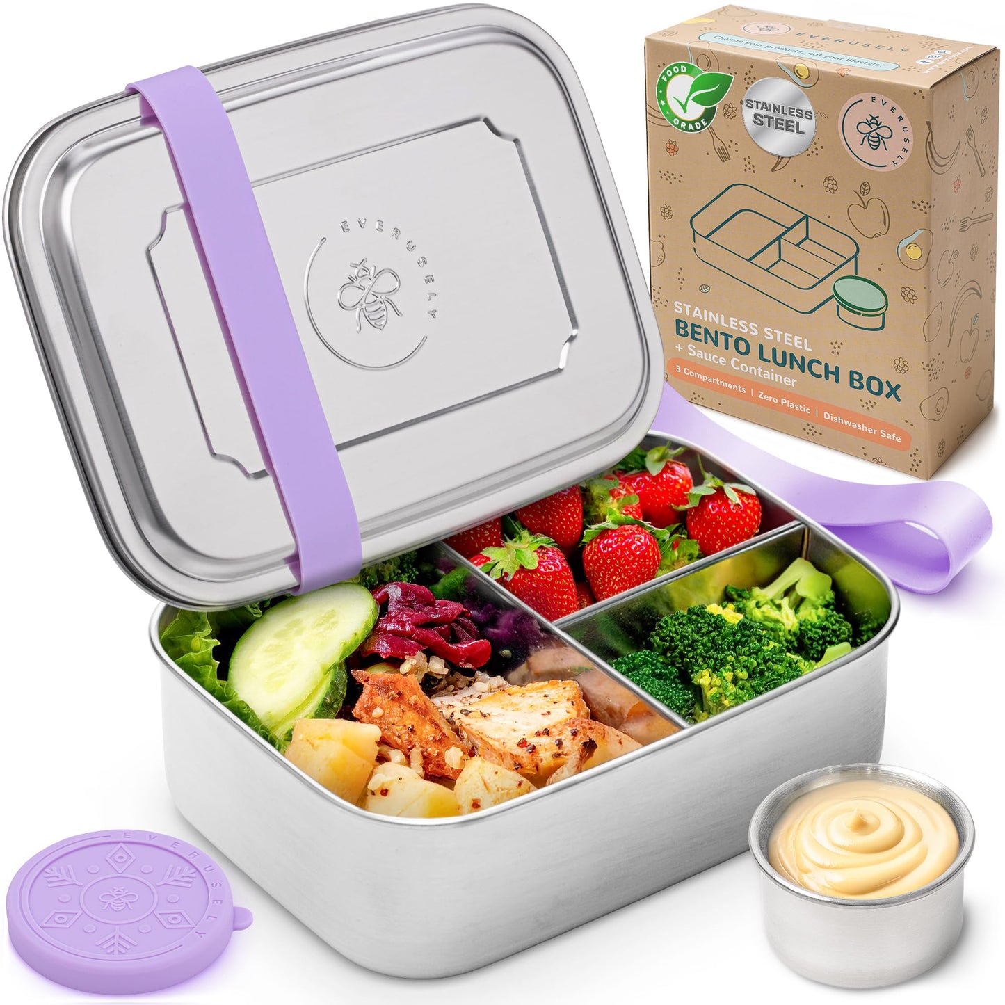 Stainless Steel Bento Box + Condiment Container - Lavender, 27oz / 0.8 L