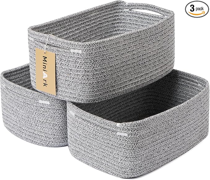 Small Storage Baskets for Organizing | Closet Organizer Bins | Shelf Toy Basket | Woven Rope Baskets | Cube Decorative Box | Shallow Basket | 13x8.5x5.1” | 3 Packs Mixed Grey