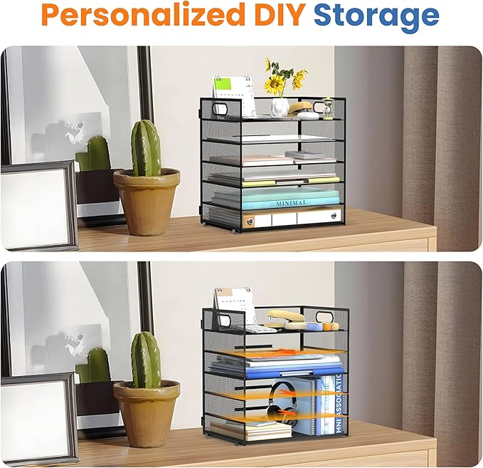 Daltack 6 Tier Paper Organizer for Desk, Paper Letter Tray Organizer for Desks, Mesh Desk File Organizers with Handle for Office, Home, School, Black