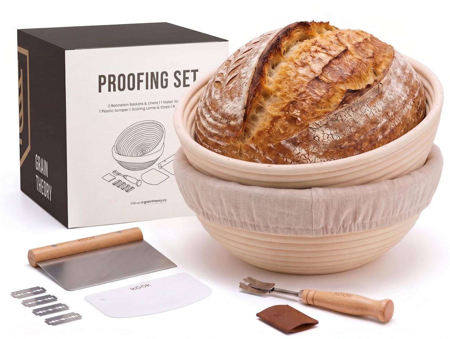 Kook Banneton Bread Proofing Set, Artisan Sourdough Bread Making Kit with Round & Oval Rattan Baskets, Liners, Dough Scrapers, Scoring Lame + Blades, Brush & Dough Cover (Set of 2)
