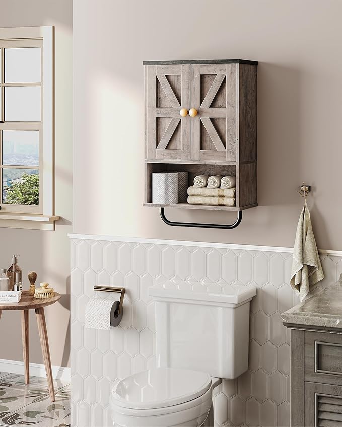 Bathroom Wall Cabinet, Medicine Cabinet with Open Partition and Towel Bar, Rustic Storage Cabinet with Open and Hidden Storage Space, for Bathroom, Living Room, Greige and Charcoal Black