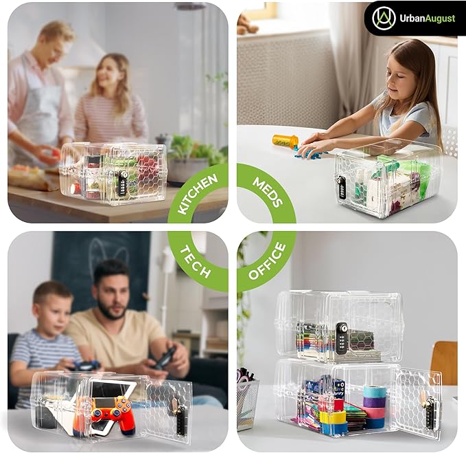 Urban August Lock Box For Food & Medicine - Dual Combination & Keyed Lock Box - Made of Industrial-Grade Plastic - One Size (Clear)