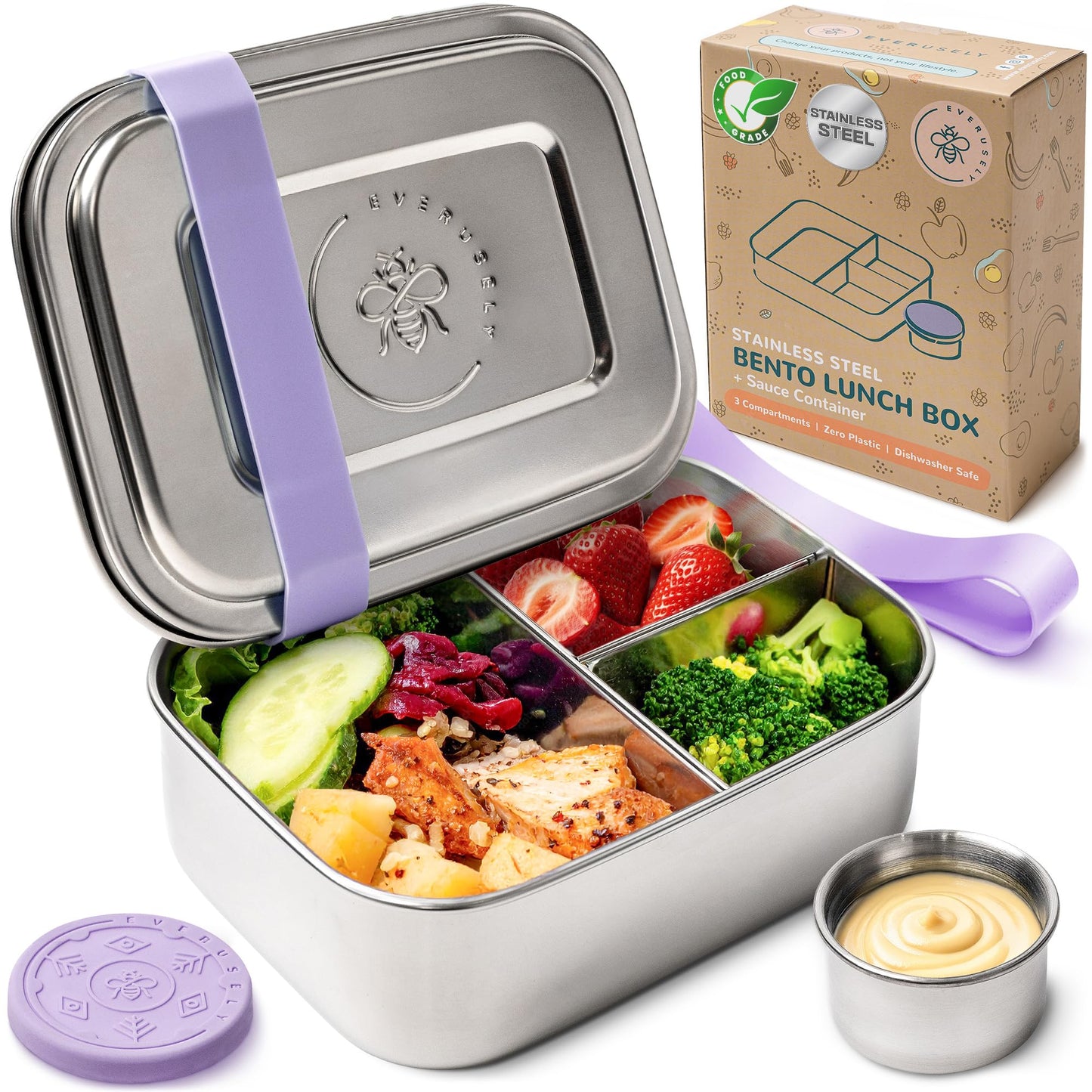 Stainless Steel Bento Box + Condiment Container - Lavender, 27oz / 0.8 L