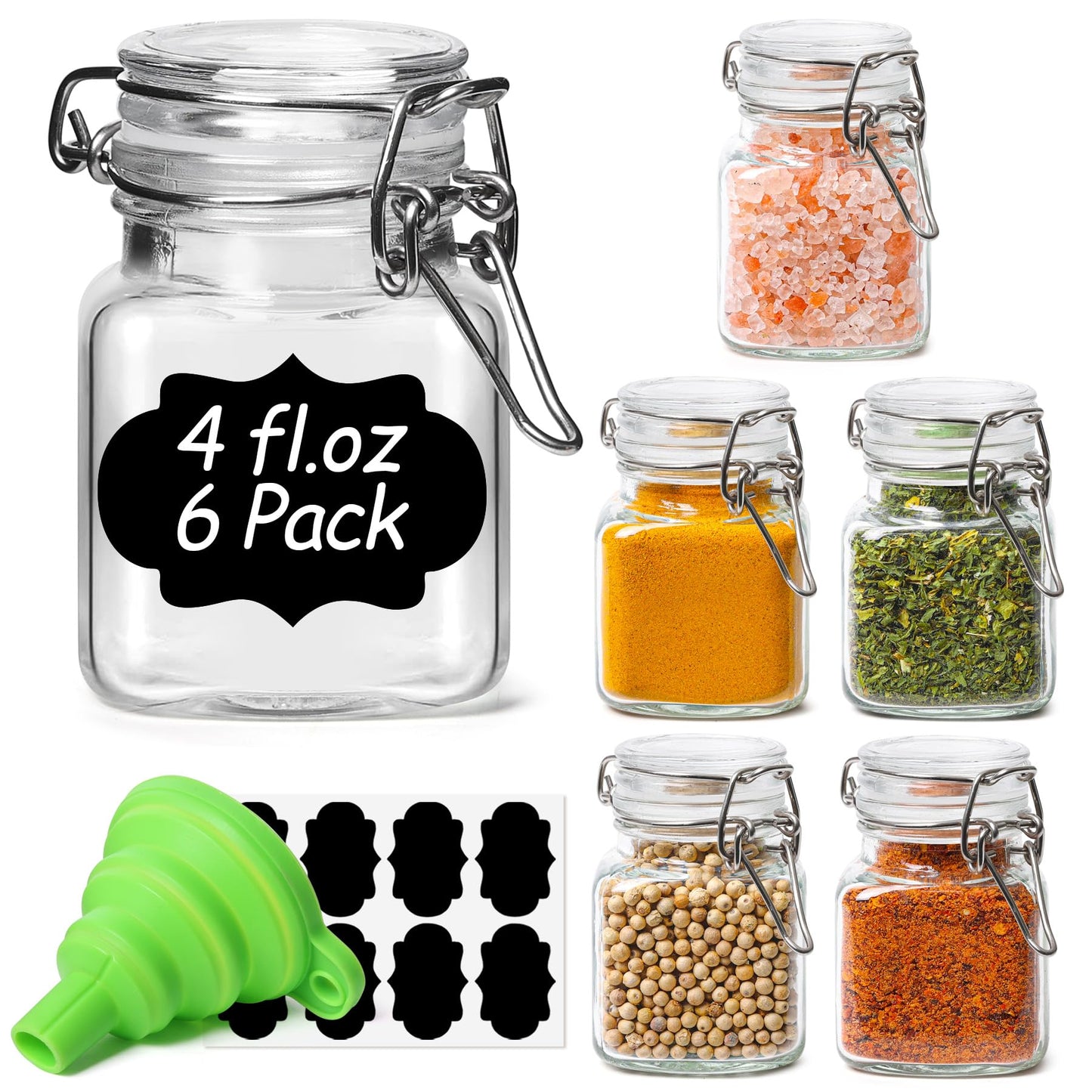 ComSaf Square Glass Spice Jars 8 oz 6 Pack with Labels and Funnel Set