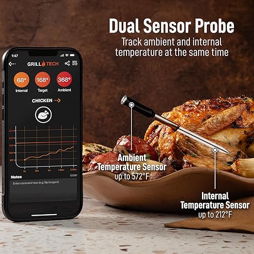 Grill Tech Smart Bluetooth Meat Thermometer Wireless Thermometer for Grilling and Smoking, Precision Accuracy, 950ft Range, USB-C Rechargeable Case, Grill Tech App for Grilling