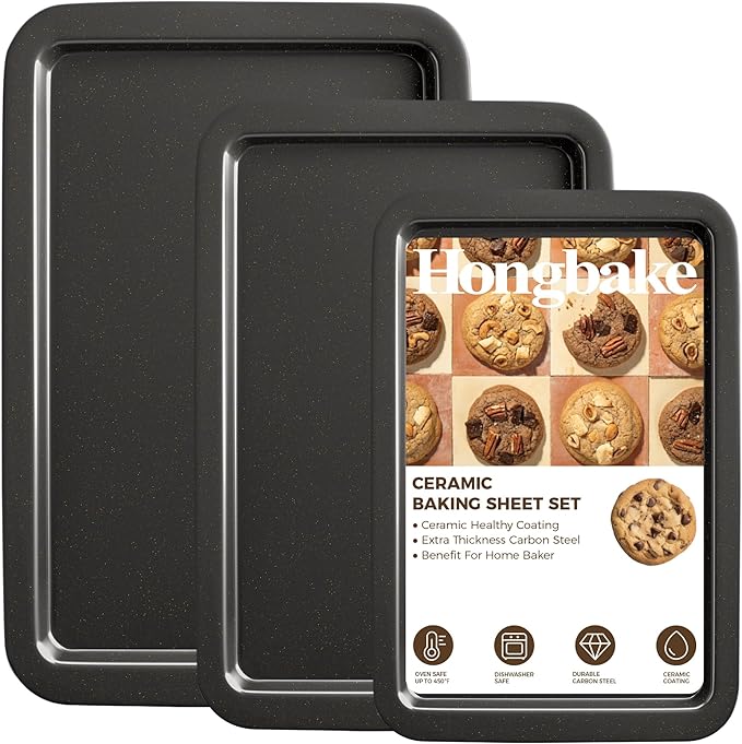 HONGBAKE Cookie Sheets, Baking Sheet Set, Nonstick Oven Pan with Wider Grips, 3 Pack Half/Jelly Roll/Quarter Baking Tray, Premium & Dishwasher Safe