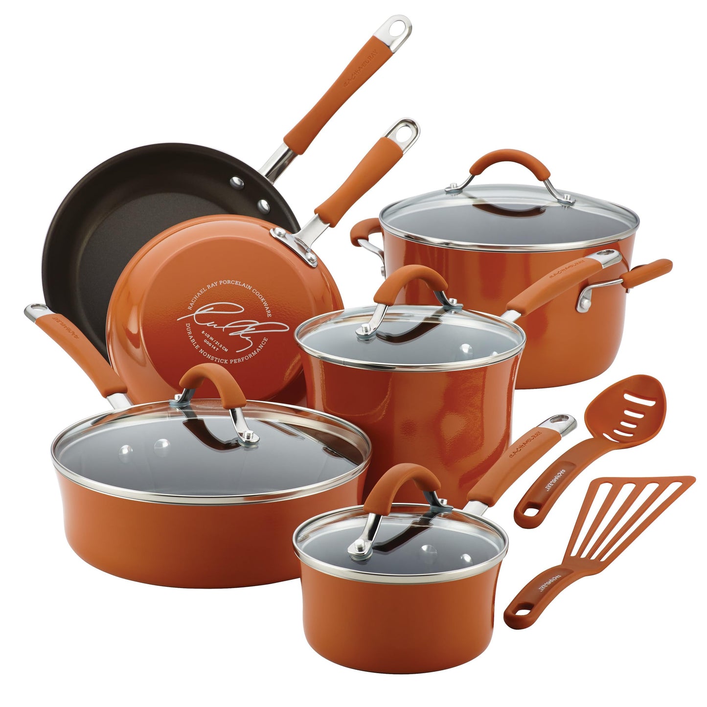 Rachael Ray Cucina Nonstick Cookware, Pumpkin Orange Pots and Pans Set, 12-Piece