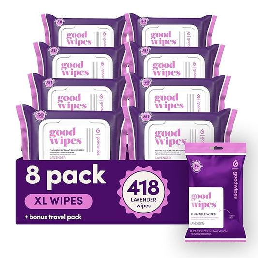 goodwipes Flushable Butt Wipes - Extra Large Adult Wet Wipes For Women & Men - Bathroom Essentials - Sewer & Septic Safe - Lavender, 418 Count (8 Packs + 1 Travel)