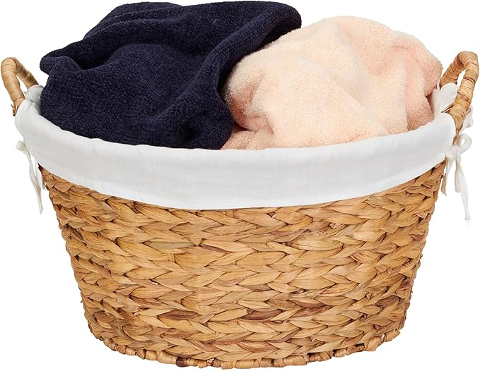 Household Essentials Round Wicker Laundry Basket with Handles, Whimsical Water Hyacinth Basket, Supportive Metal Frame, Removable Polyester Liner, Handwoven, Well-Structured and Versatile, Natural