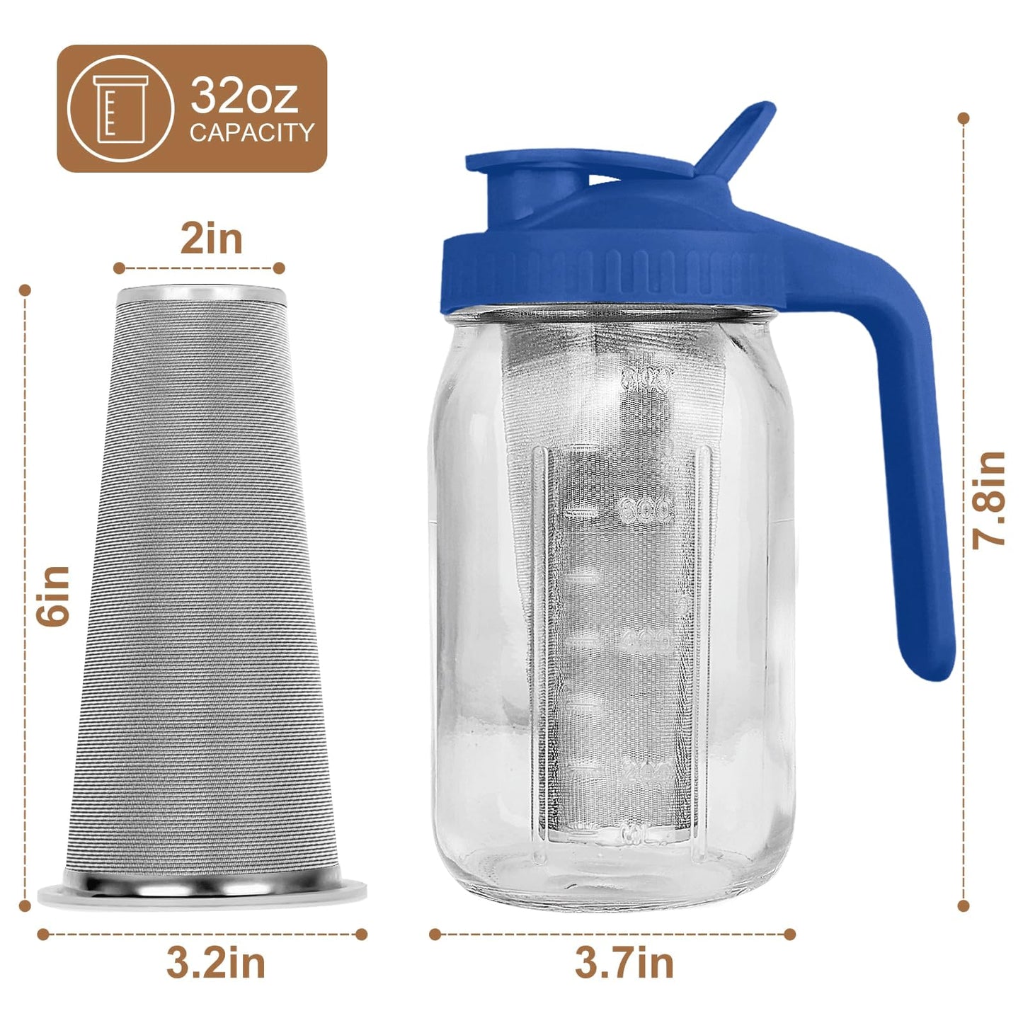 QHH Cold Brew Coffee Maker, 64 oz Mason Jar Pitcher with Stainless Steel Filter, Pour Spout Handle Lid, Airtight & Leak-Proof for Iced Coffee,Tea & Lemonade