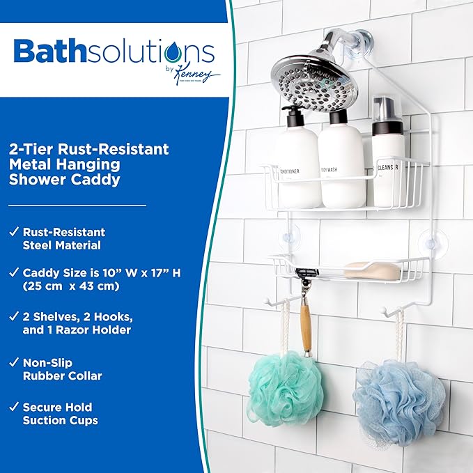 Kenney KN614121 Over the Shower Head 17" L x 10" W x 4" D Rust-Resistant Metal Wire Small 2-Shelf Hanging Caddy with Suction Cups and Razor Holders for Bathroom Shower, White