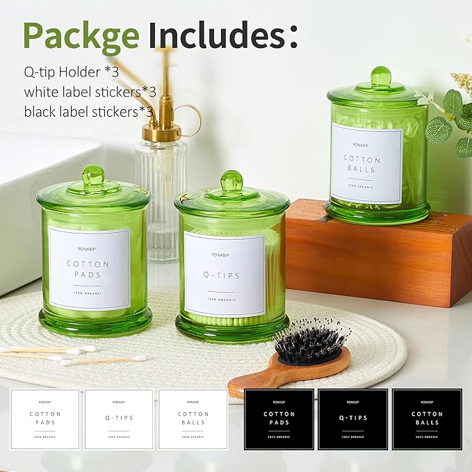 3 Pack Green Qtip Holder Dispenser, 16oz Bathroom Organizer and Storage Canisters, Glass Apothecary Jars with Lid - Home Decor, Room Decor Aesthetic