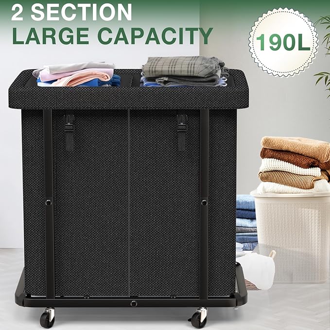 50 Gal(190L) High Grade Large Laundry Basket with Wheels, Rolling Laundry Hamper, Laundry Cart with Metal Frame and Removable Bag Design, Suitable for Laundry Room, Bedroom (Black, 2 Section 190L)