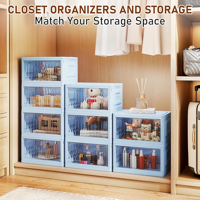 4 Tier Stackable Plastic Storage Bins with Lid and Wheels - 23 QT Closet Organizers and Storage, Foldable Storage Containers, Organization and Storage Boxes for Craft, Home, Pantry, Dorm, Blue