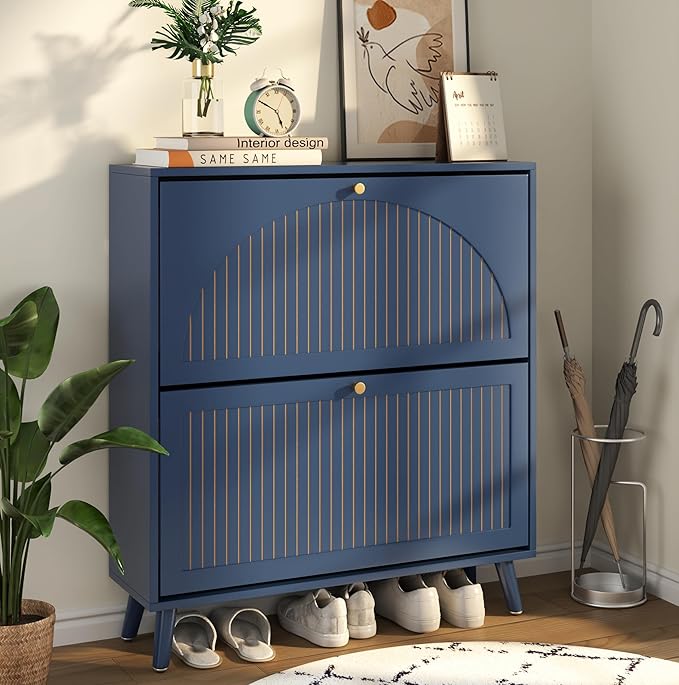 Shoe Storage Cabinet for Entryway with 2 Flip Drawers, Narrow Wood Shoe Cabinet with Fluted Panel, Freestanding Hidden Shoe Organizer for Foyer, Hallway (Blue - with Shelf)