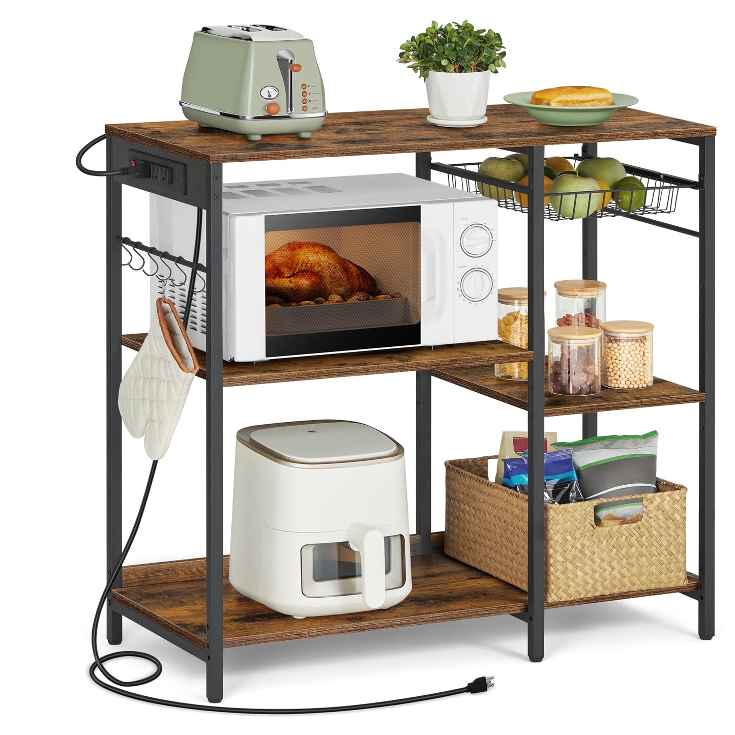 VASAGLE Kitchen Baker’s Rack, Steel Frame, Wire Basket, 6 Hooks