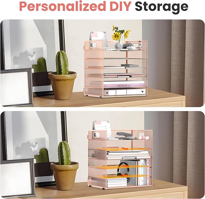 Daltack 6 Tier Paper Organizer for Desk, Paper Letter Tray Organizer for Desks, Mesh Desk File Organizers with Handle for Office, Home, School, Rose Gold
