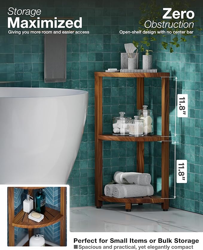 BLUEWEST 3-Tier Corner Shower Caddy Stand, Wood Shower Organizer Standing with Anti-Slip Feet, Waterproof & Durable Bathroom Corner Shelf, Space-Saving Design Storage for Kitchen or Living Room