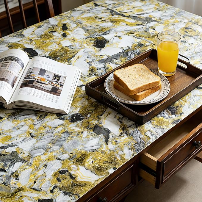 Drawer and Shelf Liner - Yellow Black Marble Pattern,Non Adhesive Non Slip Waterproof Easy-Clean Liner for Kitchen Cabinet, Refrigerator, Bathroom, Pantry Storage Drawers, 12 in x 10 Ft