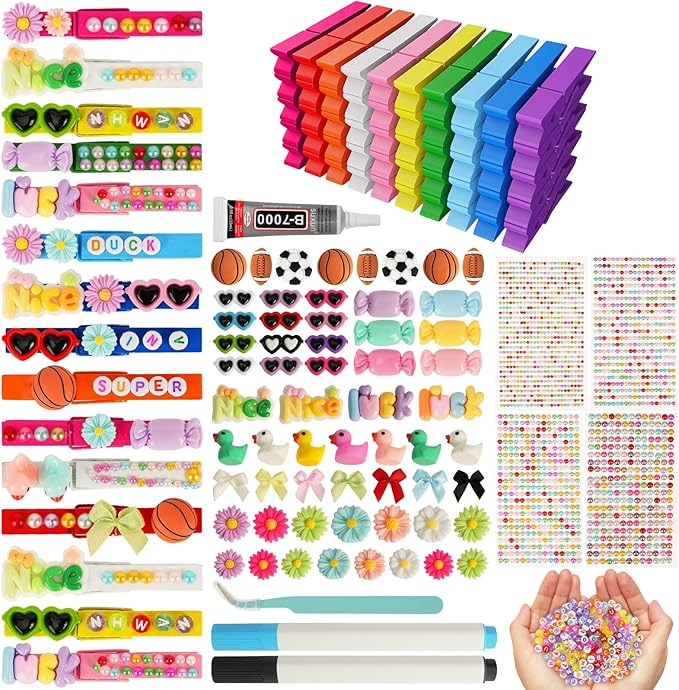 100 Cheer Pins Set - Wooden Colored Clothes Pins with Glue & Tools,Cheer Pin Kit 180 Mini Bows Ducks Daisy Balls 300 Letters 4 Stickers, DIY Custom Pins for Backpack Team Cheerleader Gifts