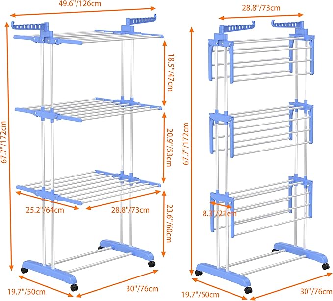 HOMIDEC Clothes Drying Rack, Large 4-Tier Foldable Drying Rack Clothing (67.7H x 19.7W x 30L Inches), Movable with 4 Castors. Multifunctional Stainless Steel Laundry Drying Rack, Blue