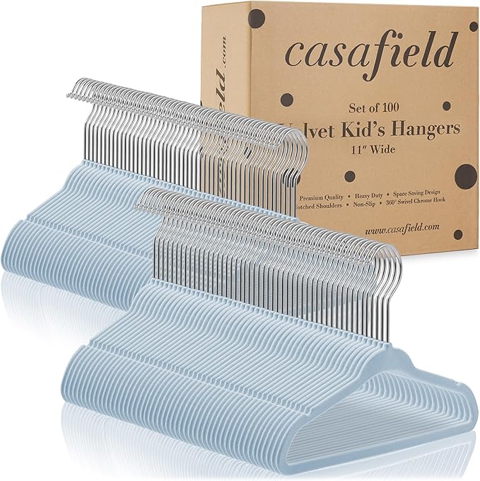Casafield 100 Velvet Baby Hangers - 11" Size for Infant & Toddler Clothes - Light Blue