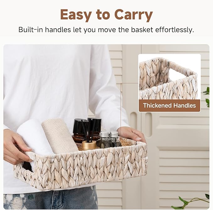 StorageWorks Wicker Toilet Paper Basket for Back of Toilet Baskets, Water Hyacinth Bathroom Basket Organizer and Storage for Tank Topper, Small Tank Trays for Decor with Built-in Handles, White