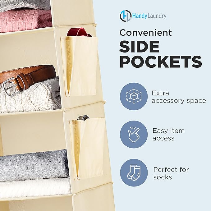 Handy Laundry Hanging Closet Organizer - 6 Shelf Storage for Clothes, Sweaters, Shoes & Accessories - Space-Saving Wardrobe Shelves with Hooks for Dorm, RV & Small Closet Organization (Beige)