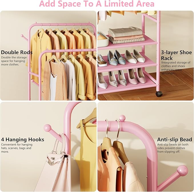 Furologee Pink Clothes Rack, Double Rods Clothing Racks for Hanging Clothes, Rolling Garment Racks with 3-Tier Shelves, Portable Rack with Wheels for Bedroom, Laundry, Living Room