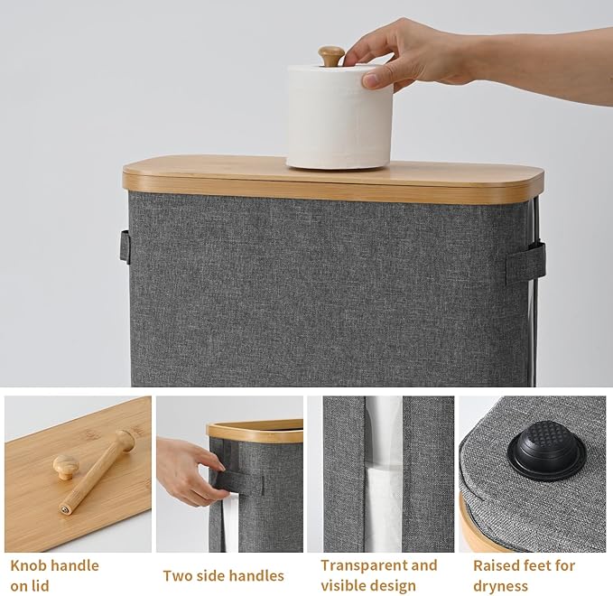 32L Bathroom Toilet Paper Storage Basket with Lid and Handle - Mega Capacity， Bamboo Collapsible Toilet Paper Holder Storage with Non-Slip Bottom, Extra Toilet Roll Storage, Elegant Gray，1 Pack