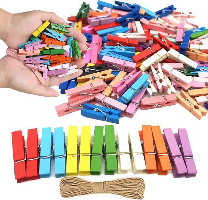 1.35 Inch Mini Clothes Pins for Photo100 Pcs with 32 Feet Jute Twine, Mini Clothes Pins for Crafts, Wooden Small Clothespins for Pictures, Tiny Decorative Clothespins for Baby Shower (10 Colors)