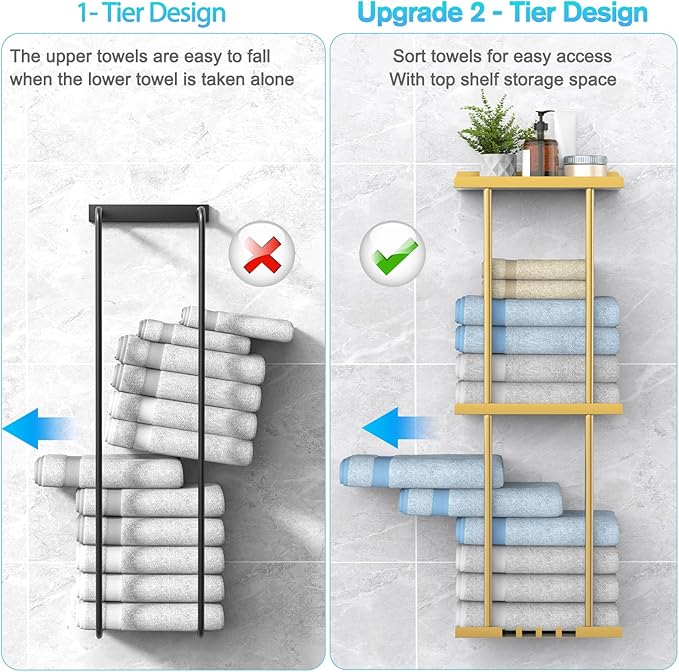 Towel Rack for Bathroom, Wall Mounted Vertical Rolled Towel Storage Organizer Holder with Shelf, Holds Up 6 Large Bath Sheets, Gold Large Size