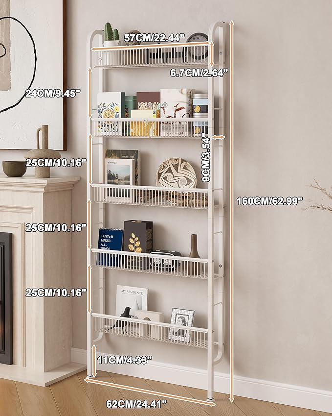 UMDONX Behind The Door Bathroom Shelf Narrow 5-Tier, Space-Saving Slim Storage Shelf Narrow Shelving Unit for Bathroom and Kitchen White