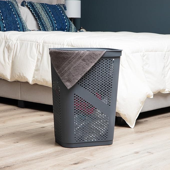 Mind Reader 60L Slim Laundry Hamper, Clothes Basket, Lid, Ventilated, Plastic, Set of 2, Gray