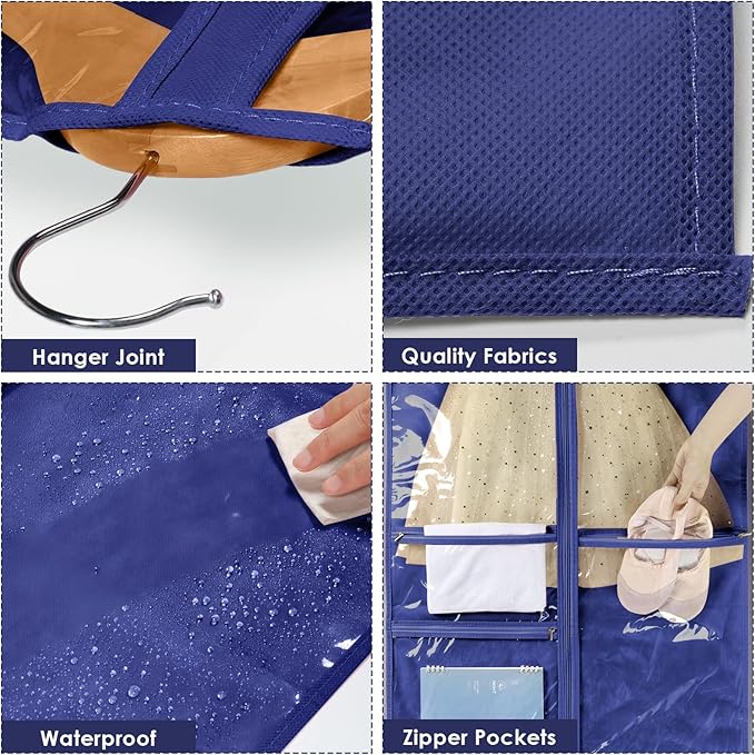 Univivi Kids Garment Bags for Dance Costumes 40 Inch Hanging Dance Costume Bag for Dance Competitions, with 3 Medium Clear Zipper Pockets for Dance Costumes, Closet Storage (Navy Blue), 1 Pack