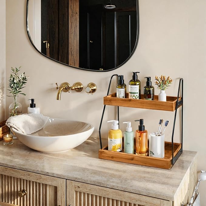 Demigo Acacia Bathroom Organizer Countertop 13.6 x 14 x 6.7 inches, 2-Tier Wood Counter Standing Rack, Countertop Storage Shelf for Organizing Bathroom Kitchen Office Desk Vanity Cosmetic Balcony