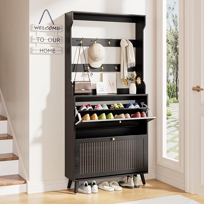 Shoe Cabinet for Entryway with 2 Flip Drawers & Coat Rack, Narrow Hidden Shoe Storage Cabinet with Fluted Panel, 2-in-1 Hall Tree Slim Freestanding Shoe Rack Organizer for Hallway, Black