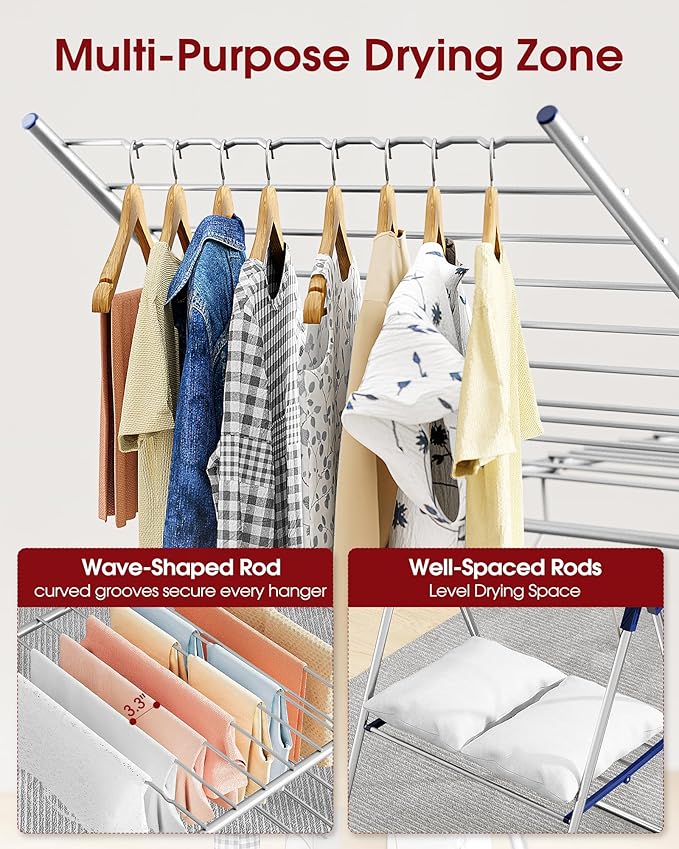 Clothes Drying Rack with Height-Adjustable Wings, Metal Foldable Laundry Dryer Stand for Clothing & Bedding, Free-Standing Collapsible for Indoor & Outdoor Use, 55.5" L × 22.8" W, Silver Blue