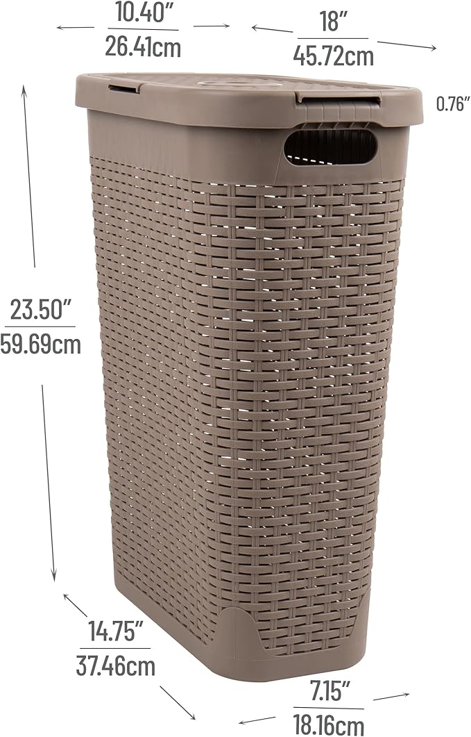 Mind Reader Slim Laundry Hamper with Lid, 40L Clothes Basket, Premium Wicker Design, Plastic, Tan