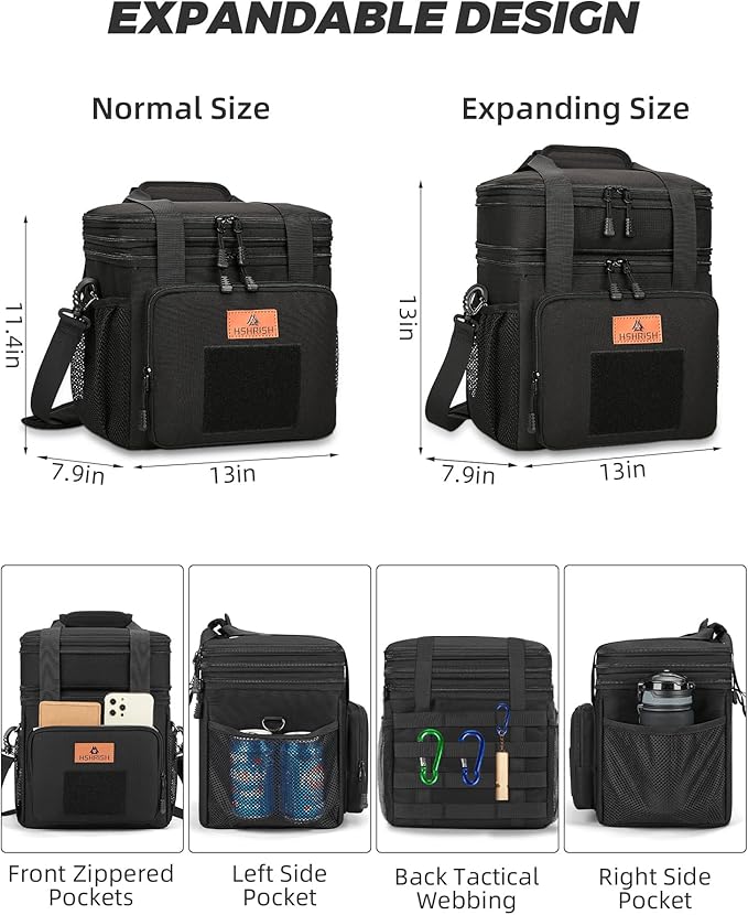 Expandable XLarge Tactical Lunch Box for Adults, Leakproof Insulated Lunch Bag with Lots of Storage Space, Durable Cooler Bag for Men Women Work Outdoor Picnic Trips, 22L(Black), HSHRISH