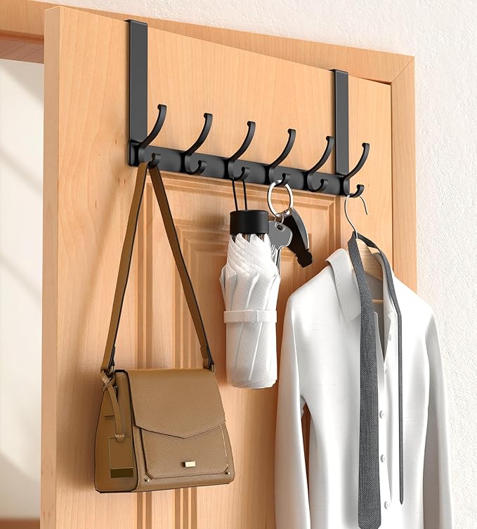 Over The Door Hooks Hanger with 7" Arms, Door Hooks for Hanging, Fit 1 3/4" Door, Tool-Free Assembly, F7U, Towel Racks Organizer Holder for Bathroom - Black