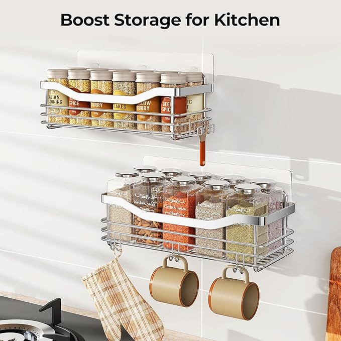 Orimade Shower Caddy Basket Shelf Storage Rack Pack of 2, No Drilling Wall Mounted Adhesive Rust Proof Stainless Steel Shower Organizer with 5 Hooks for Bathroom, Toilet, Kitchen