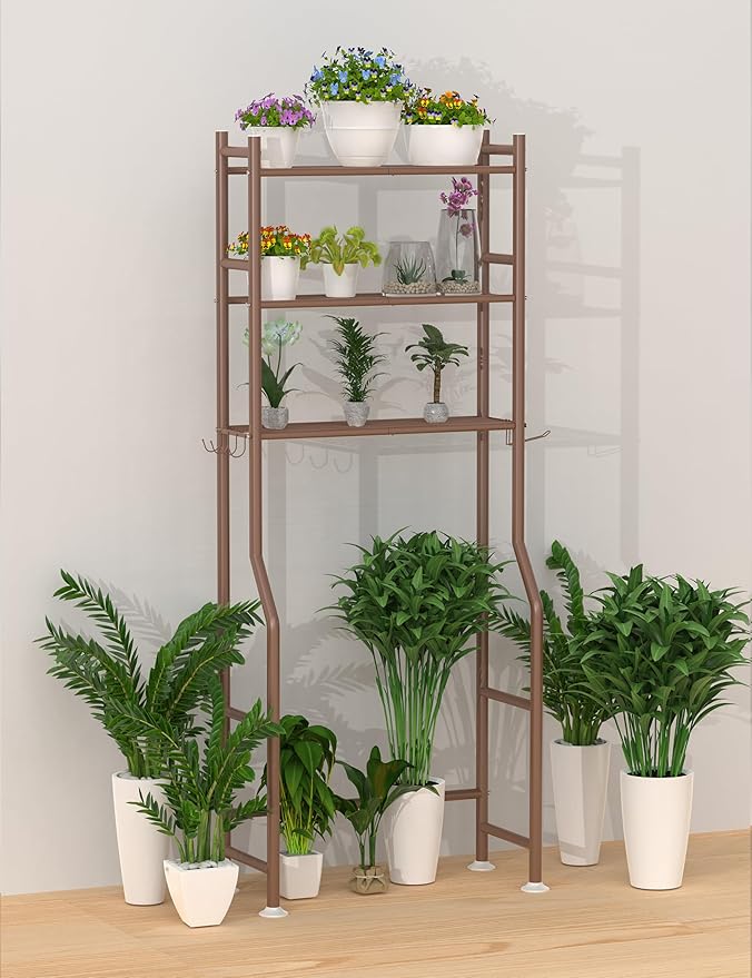 3-Tier Over The Toilet Storage, Freestanding Metal Bathroom Shelves with 4 Hooks, Over Toilet Storage Shelf with Paper Holder, Above The Toilet Shelf for Bathroom Storage, Bronze