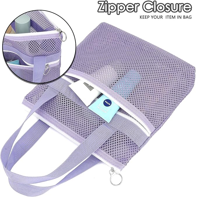 Mesh Shower Caddy Portable Shower Bag for Travel, Gym, Camping – Quick-Dry Hanging Toiletry Organizer with Zipper Pockets for Bathroom Essentials,Purple
