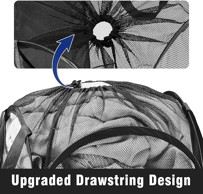 TECHMILLY Collapsible Mesh Pop Up Laundry Hamper with Sturdy Handles and Side Pocket - Portable Foldable Clothes Baskets for Dorm, Bathroom & Travel Storage (with Drawstring, Black, 2 Packs)