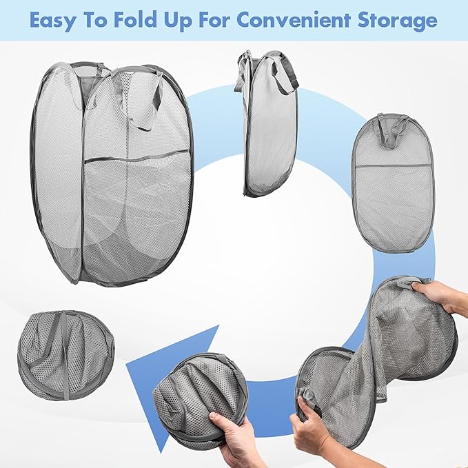 Pop Up Hamper, 2 PCS Mesh Pop Up Laundry Hamper, Foldable Mesh Laundry Basket with Space Saving Design for Home, Dorm, Travel and Storage, Gray
