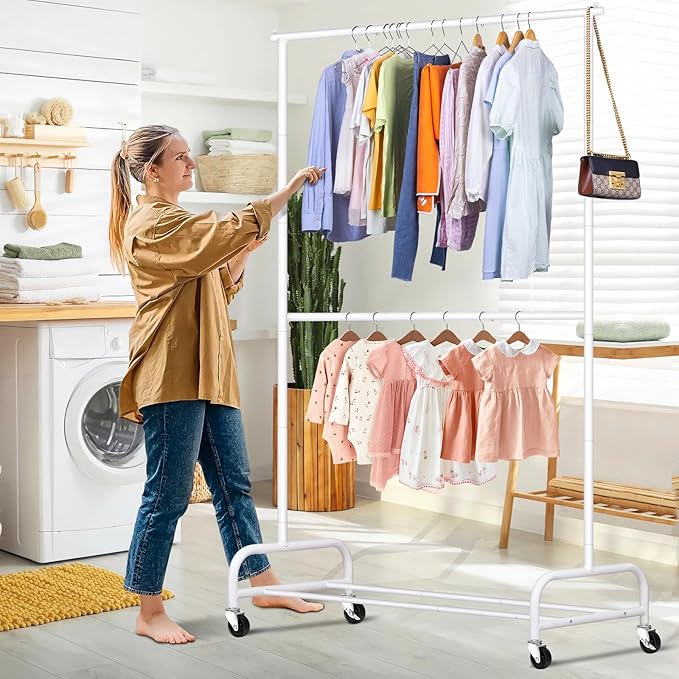 SLEEPING LAMB Double Rod Heavy Duty Clothes Racks for Hanging Clothes, Metal Rolling Garment Rack With Wheels Clothes Hanger Rack Wardrobe Racking for Coats, Shirts (White)