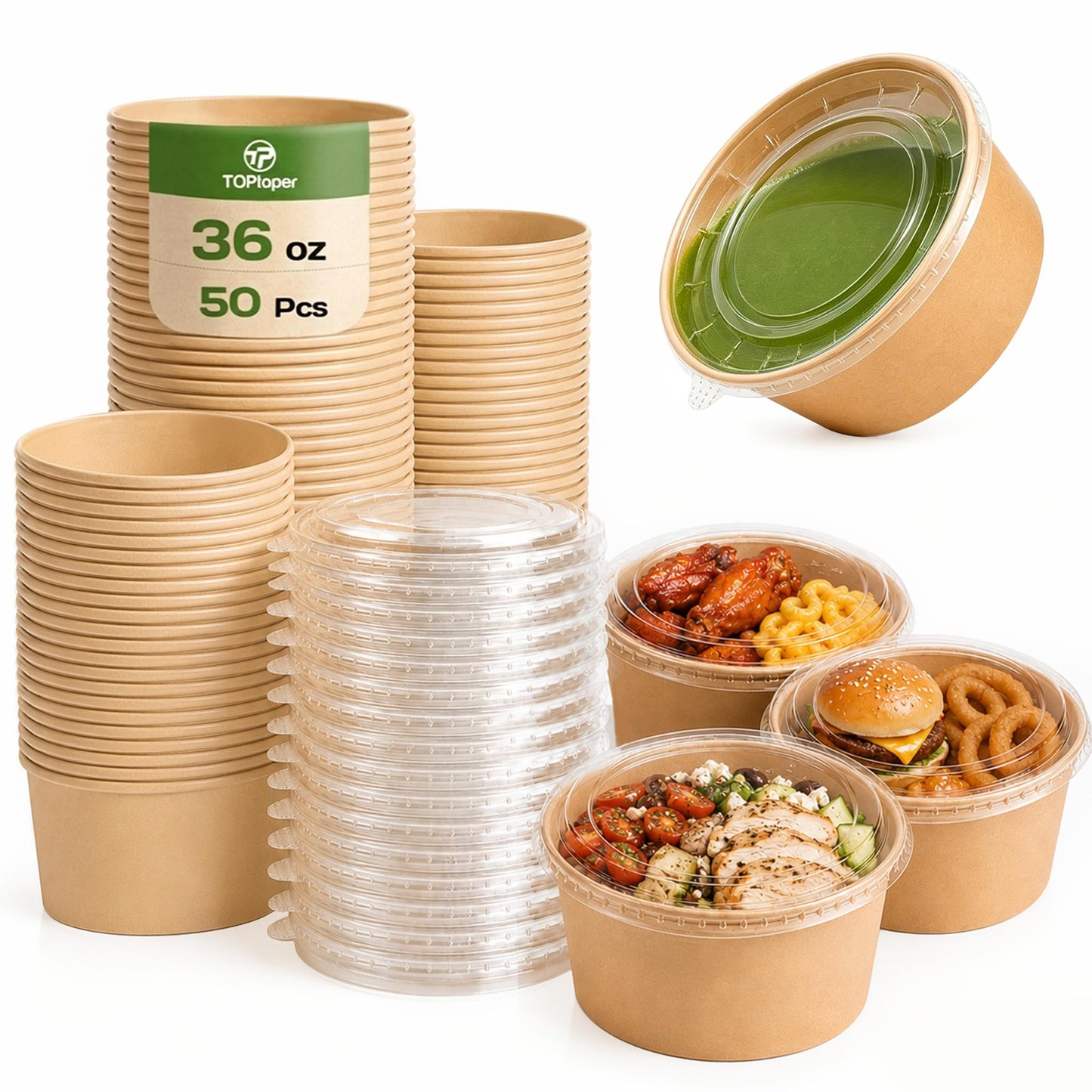 TOPtoper 50 Pcs 32 Oz Large Paper Bowls with Lids, Disposable Soup Serving Bowls Bulk Party Supplies for Hot/Cold Food, Soup (32 OZ)