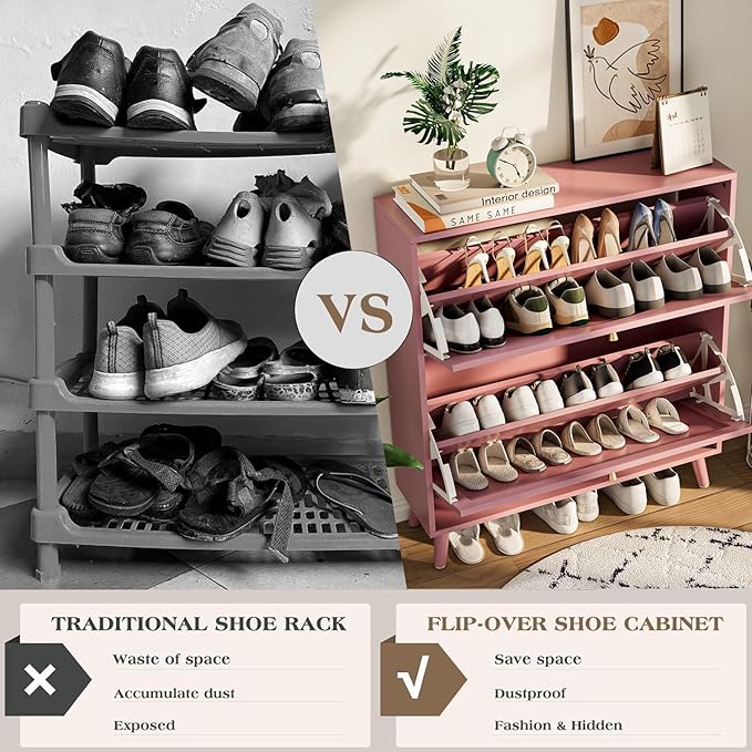 Shoe Storage Cabinet for Entryway with 2 Flip Drawers, Narrow Wood Shoe Cabinet with Fluted Panel, Freestanding Hidden Shoe Organizer for Foyer, Hallway (Pink - with Shelf)